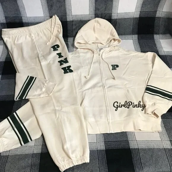 VS PINK SWEATPANTS OUTFIT & FULL ZIP IN WHITE SHELL & DARK FOREST GREEN L XL XXL - Picture 1 of 11